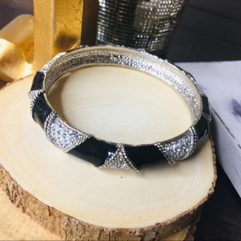 Rhinestone Bangle Bracelet Black w/ Rhinestone Silver - Picture 1 of 5
